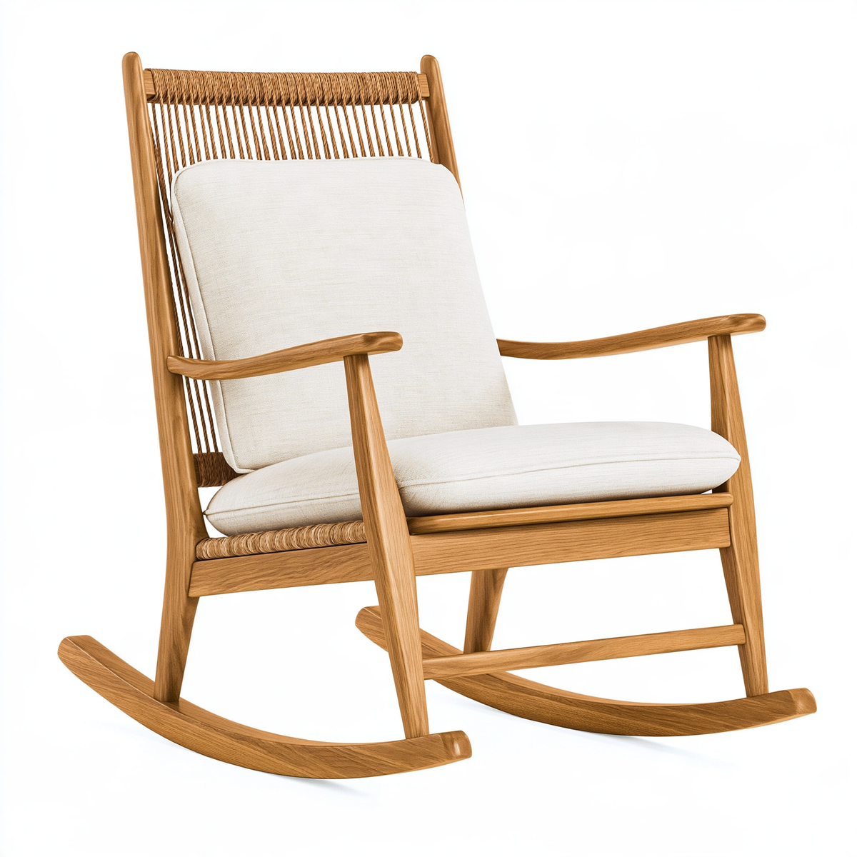 Sedia a dondolo 70 x 100 x 105 cm in legno marrone e corda intrecciata con cuscini beige