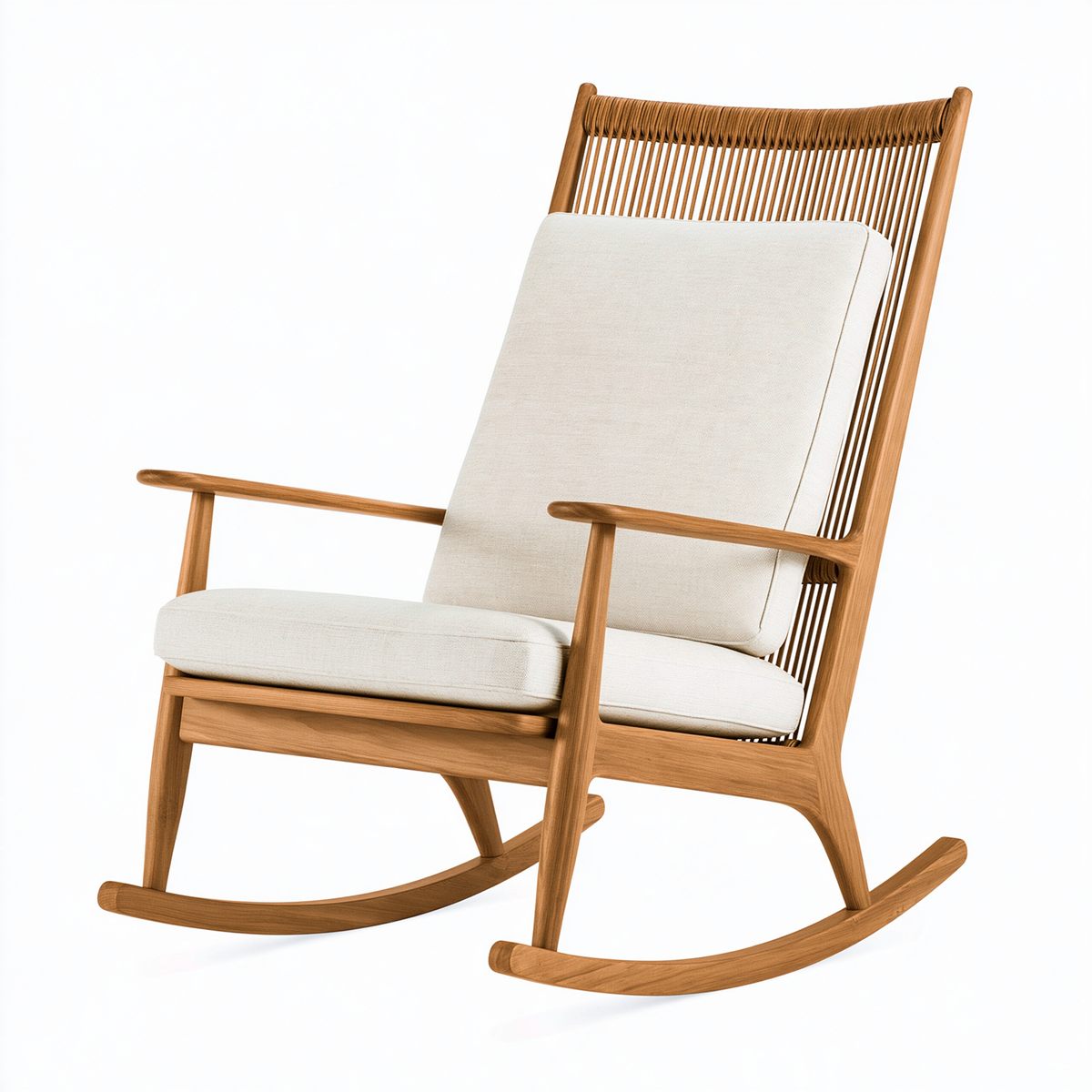 Sedia a dondolo 70 x 95 x 110 cm in legno marrone e tessuto beige - schienale intrecciato