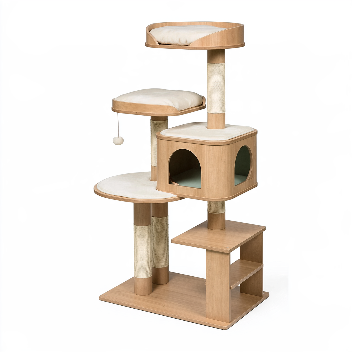 Tiragraffi per gatti 60 x 60 x 170 cm in legno beige con colonne in sisal e cuccia