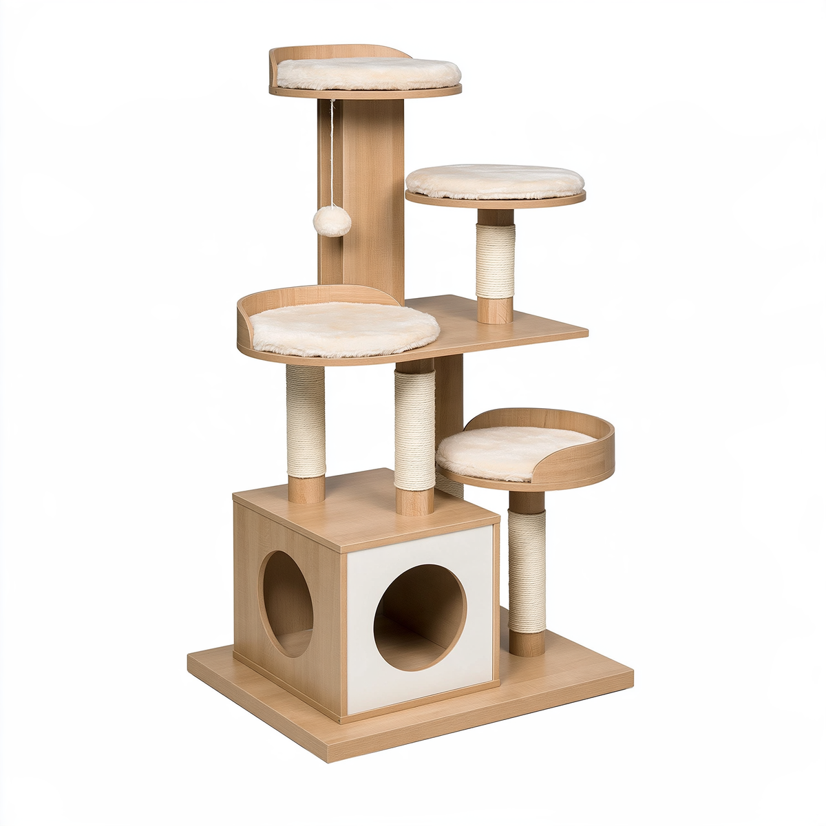 Albero tiragraffi per gatti 80 x 60 x 180 cm in legno beige con colonne in sisal e cuccia multipiano