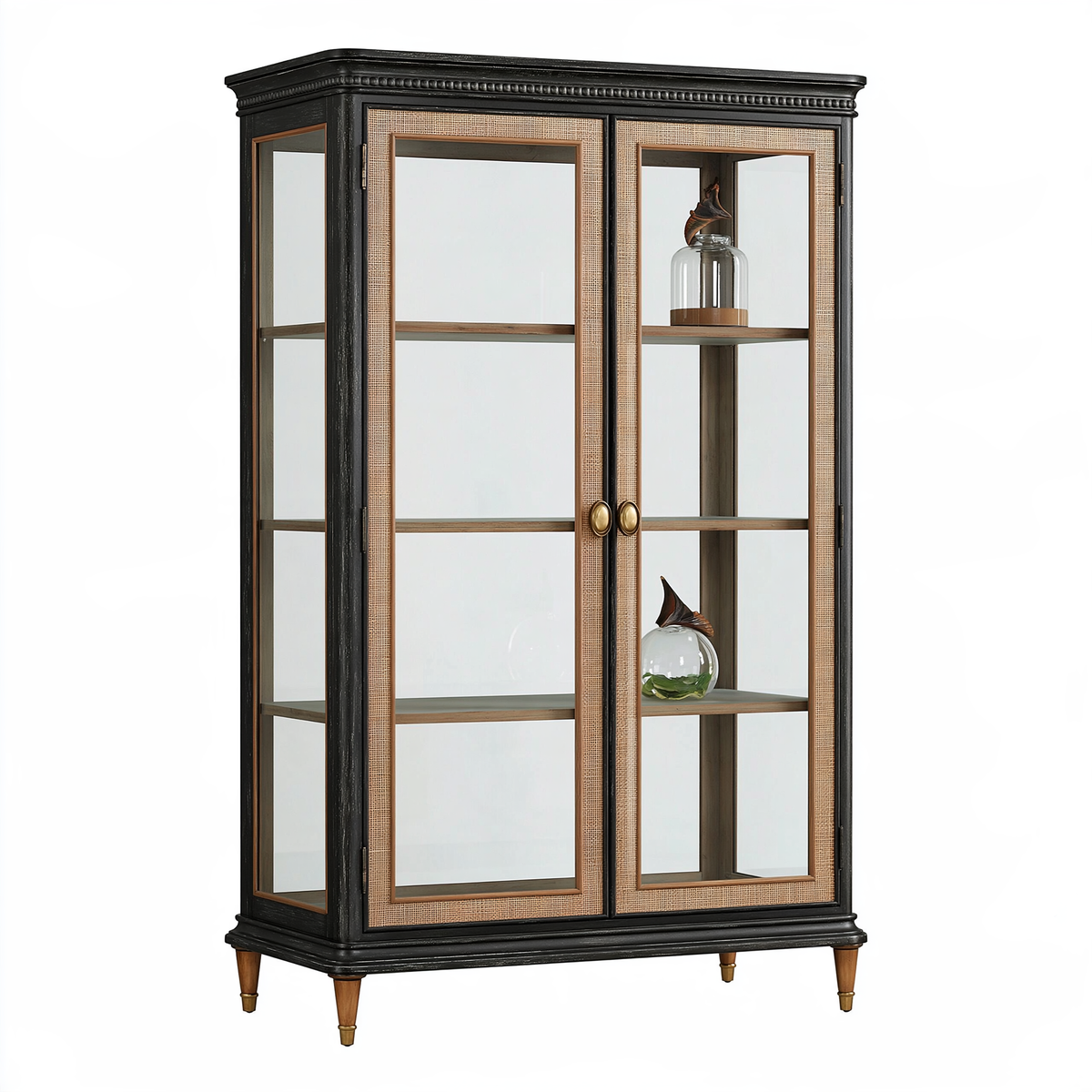 Vetrina 110 x 45 x 200 cm in legno vetro e rattan nero naturale - stile classico con ante