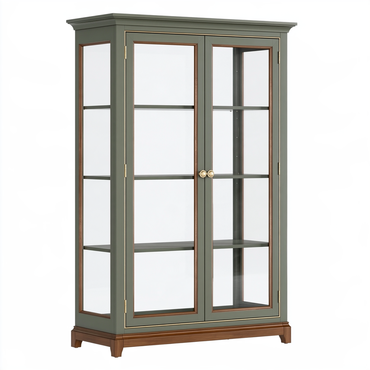 Vetrina 100 x 45 x 200 cm in legno verde salvia con ante in vetro stile classico